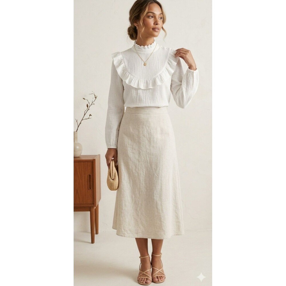Mazik Eyelet Lace Ruffle Mock Neck Gauze Blouse Shirt Top White‎ M Poet Romantic